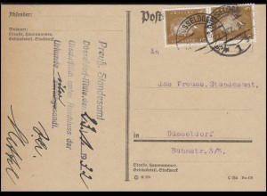 410 Ebert 3 Pf MeF Orts-Postkarte Preußisches Standesamt DÜSSELDORF 1 gg 22.1.32