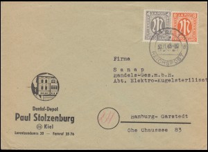 11+14 AM-Post 4+8 Pf. als MiF auf Brief Dental-Depot Stolzenburg KIEL 30.11.1945