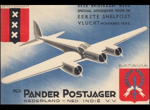 Postkarte PANDER POSTJAGER als Flugpost PELIKAAN MEDAN 27.12.33 nach Amersfoort
