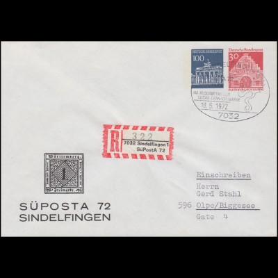 PU 38/2 SÜDPOSTA'72 als R-Brief mit Sonder-R-Zettel, SSt Sindelfingen 18.5.72