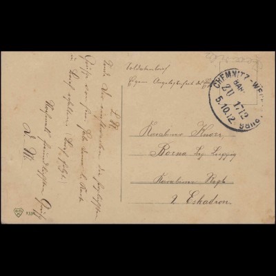 Soldatenbrief per Bahnpost CHEMNITZ-WECHSELBURG ZUG 1217 - 5.10.1912 nach Borna