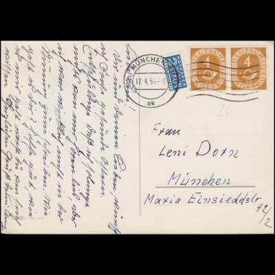 124 Posthorn 4 Pf. im Paar als MeF auf Ansichtskarte Ostern, MÜNCHEN 17.4.1954 