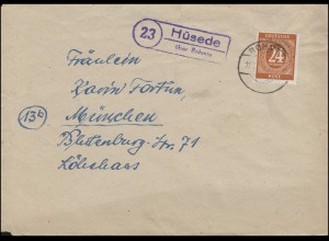 Landpost Hüsede über BOHMTE 11.2.1947 mit 925 Ziffer als EF Brief nach München