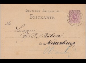 Postkarte P 5 Ziffer 5 Pfennige, Einkreis CAROLINENSYHL 1877 nach Neuenburg