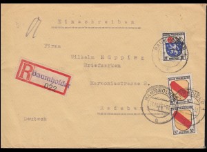 9+10 Freimarken Wappen 24+30 Pf MiF R-Brief Not-R-Zettel BAUMHOLDER 31.10.1946
