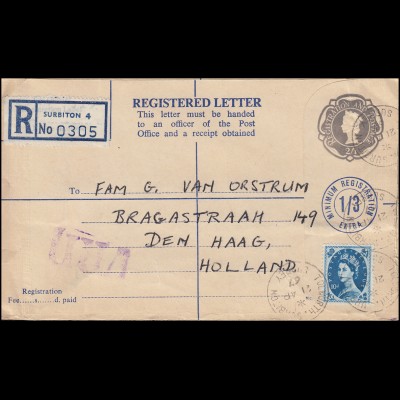 Großbritannien Einschreibe-Umschlag EU 73A mit Zusatzfrankatur, SURREY 21.4.1967