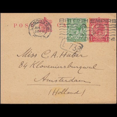 Großbritannien Postkarte P 48 Georg V. mit Zusatzfr. LONDON 5.6.1924 n. Holland