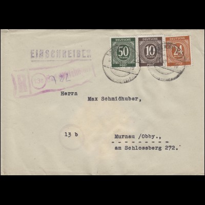 925ff Ziffern-MiF Not-R-Stempel 13a Bad Wörishofen 2.1.1947 nach MURNAU 5.1.47