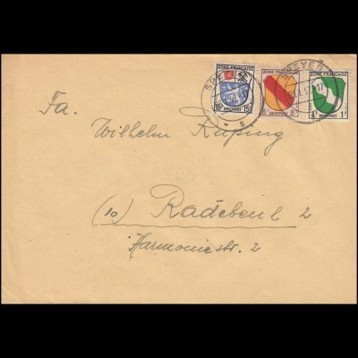 1+4+7+ Freimarken Wappen 1, 8 und 15 Pf als MiF auf Brief SPEYER 4.1.1947