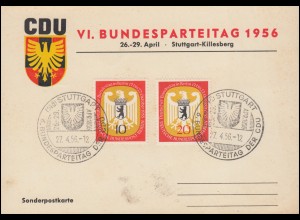 Sonderpostkarte zum VI. Bundesparteitag der CDU 1956 SSt STUTTGART 27.4.56