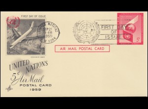 UNO New York Luftpostkarte LP 3 als FDC 21.9.1959 mit Zudruck Flugzeug
