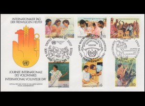 Internationale Freiwillige Helfer - Schmuck-FDC der 3 UNO-Ausgaben 6.5.1988