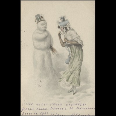 Frankreich Ansichtskarte Winter: Frau mit Schneemann, gelaufen 1901