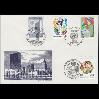 Dauerserie UNO-Symbole - Schmuck-FDC der 3 UNO-Ausgaben 10.5.1991