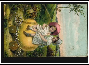 Prägekarte Ostern Zwei Mädchen auf Riesenei mit Rädern, QUERUM 15.4.1911