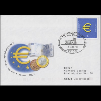 USo 33I Euro-Bargeldeinführung, SSt Berlin Zahlungsmittel Euro & Quadriga 1.3.02
