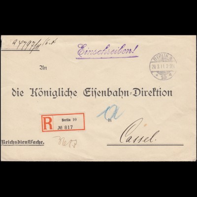 Reichsdienstsache Reichs-Versicherungsamt R-Brief BERLIN 20.3.1911 nach Kassel