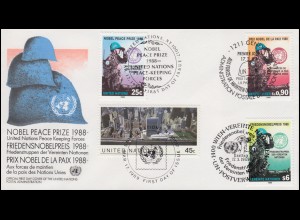 Friedensnobelpreis an UNO-Friedenstruppen - Schmuck-FDC der 3 UNO-Ausgaben 1988