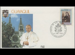 Ecuador: Papst Johannes Paul II in Guayaquil, Schmuck-FDC 31.1.1985