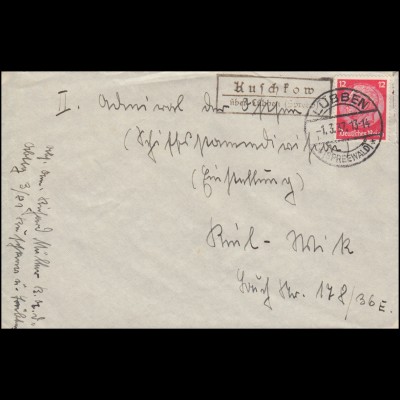 Landpost-Stempel Kuschkow über LÜBBEN (SPREEWALD) 1.3.1937 auf Brief nach Kiel