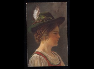 Künstler-AK Edm. Louyot: Das Reserl - Mädchen in Tracht mit Hut, MÜNCHEN 21.4.37
