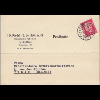 Firmenlochung J.D.R. auf Hindenburg 15 Pf EF Auslands-Karte BERLIN-BRITZ 29.3.33
