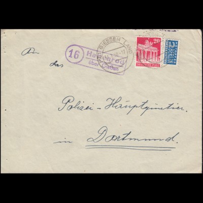 Landpost-Stempel Hattenrod über Gießen Brief mit Notopfer GIESSEN LAND 31.1.1950