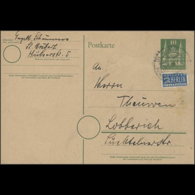 Postkarte P2 I Holstentor 10 Pf mit Notopfer St. Hubert/Kempen 4.12.1950
