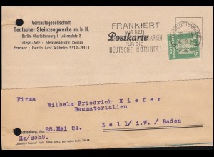 Firmenlochung VDS auf Reichsadler 5 Pf. als EF Postkarte CHARLOTTENBURG 28.5.24