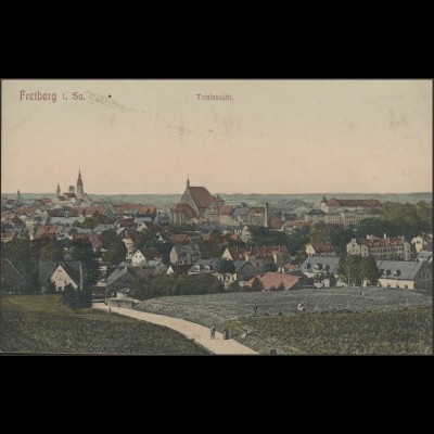 Ansichtskarte Freiberg in Sachsen: farbige Totalansicht, ungebraucht ca. 1900