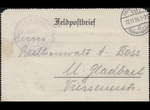 Feldpost-Kartenbrief Fernsprech-Abt. FELDPOST c - VII. Reservekorps 17.11.15