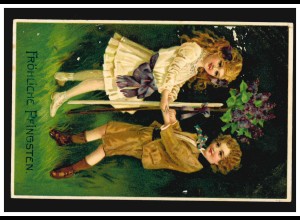Prägekarte Pfingsten Junge und Mädchen beim Baumfestbinden, HERNE 25.5.1912 
