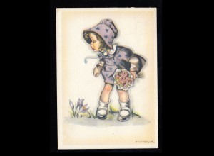 Künstler-AK Hilla Peyk: Mädchen in violettem Kleid Hut Krokusse, JENA 2.3.1948