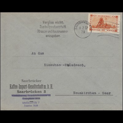 Saargebiet 143 Förderschachtanlage EF auf Brief Kaffee SAARBRÜCKEN 2 - 1.2.1932
