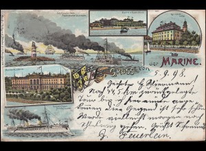 AK Gruss von der Marine mit 5 Abbildungen, KIEL 5.9.1898 nach NÜRNBERG 7.9.98