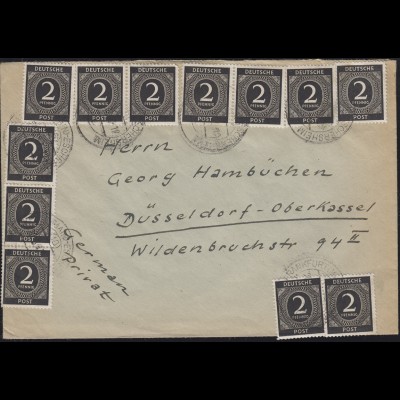 912 Ziffer 2 Pf 12mal MeF Brief FRANKFURT-ESCHERSHEIM 1947 n. Düsseldorf