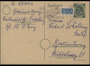 Postkarte P 12I B Posthorn 10 Pf. + Notopfer,Orts-Postkarte Braunschweig 19.5.52