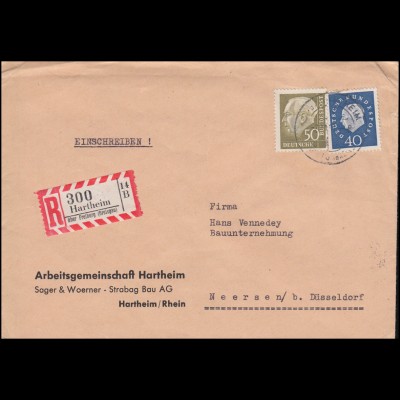 261+305 Heuss II+III MiF auf R-Brief HARTHEIM über FREIBURG 2.11.1961