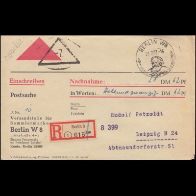 DDR-Postkriegsvignette Pk V1 auf Postsache SSt BERLIN 29.9.53 nach Leipzig