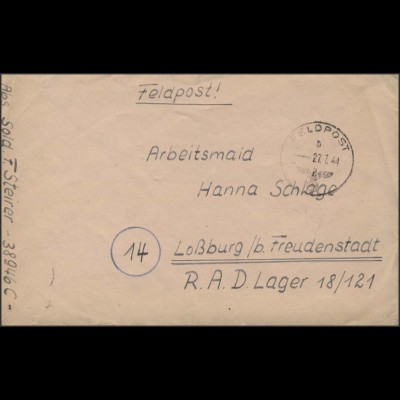 Feldpostbrief 2. Weltkrieg: PF 38946 C / FELDPOST b 27.7.44 nach Loßburg