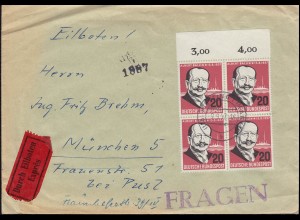 266 Albert Ballin im OR-Viererblock portog. auf Exp.-Brief PILSTING 9.9.57