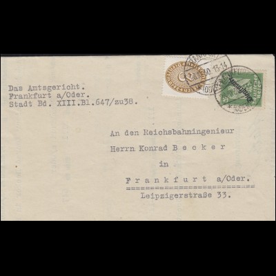 Dienst 106 Aufdruck + 114 Ziffer Ortsbrief Amtsgericht FRANKFURT/ODER 28.10.1930