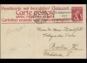 Schweiz Postkarte P 109F Wertziffer 20 C. GENF / GENEVE 7.5.1928 nach Berlin