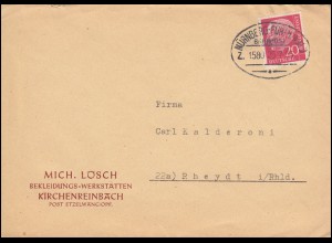 Bahnpost NÜRNBERG-FÜRTH ZUG 1580- 25.7.56 Brief von Kirchensteinbach nach Rheydt
