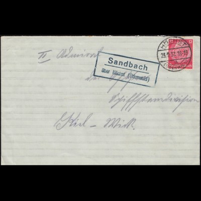 Landpost-Stempel Sandbach über HÖCHST (ODENWALD) 23.2.1937 nach Kiel