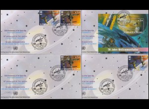 UNO Wien Weltraumfahrt 2007: Satz Einzelmarken Block je auf Schmuck-FDC