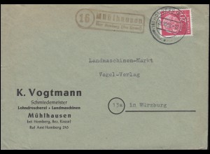 Landpost-Stempel Mühlhausen über HOMBERG (BZ. KASSEL) 28.10.1958 auf Brief