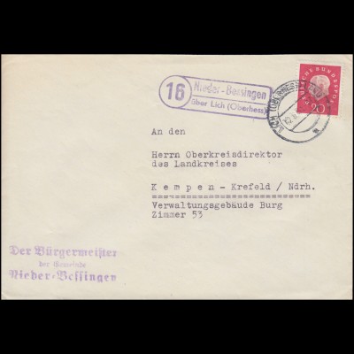 Landpost-Stempel Nieder-Bessingen über LICH (OBERHESSEN) 12.5.1961 auf Brief