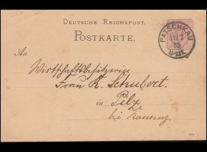 Postkarte P 12/02B Ziffer 5 Pfennig DV 1084 von PATSCHKAU 11.7.1885 nach Pilz