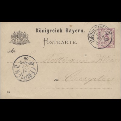 Postkarte P 34/02w Ziffer 5 Pf lila DV 89, FÜRTH / BAYERN 20.9.1889 nach KEMPTEN